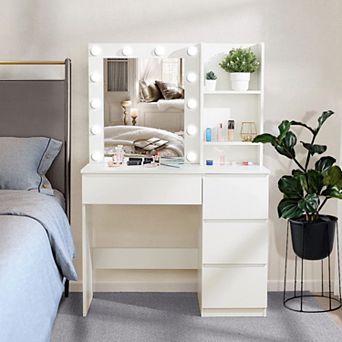 Makeup Vanity Desk with Adjustable Mirror & Lights, 4 Large Drawers Vanity Table for Bedroom