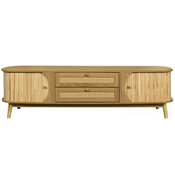 Mid Century Modern Rattan TV Stand, 2 Cabinets & 2 Drawers, Curved Profile Design, for TVs up to 75"