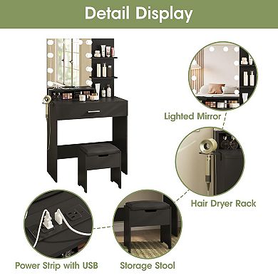 Makeup Vanity Desk with Lighted Mirror & Charging Station, Storage Chair + Drawer for Bedroom