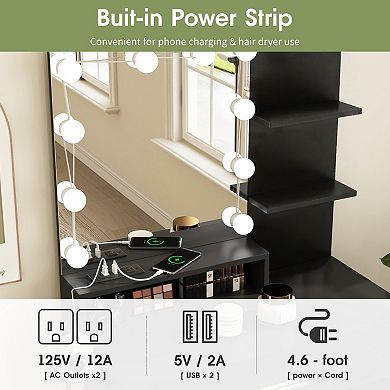Makeup Vanity Desk with Lighted Mirror & Charging Station, Storage Chair + Drawer for Bedroom