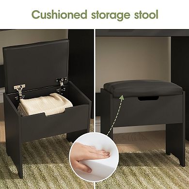 Makeup Vanity Desk with Lighted Mirror & Charging Station, Storage Chair + Drawer for Bedroom