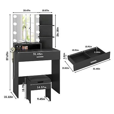 Makeup Vanity Desk with Lighted Mirror & Charging Station, Storage Chair + Drawer for Bedroom