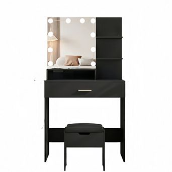 Makeup Vanity Desk with Lighted Mirror & Charging Station, Storage Chair + Drawer for Bedroom