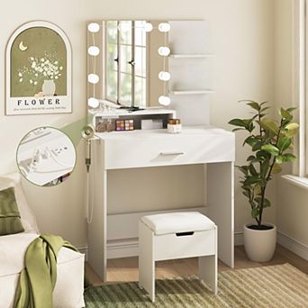 Makeup Vanity Desk with Lighted Mirror & Charging Station, Storage Chair + Drawer for Bedroom