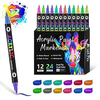 12/24 Dual Tip Acrylic Paint Markers, Double Color Acrylic Paint Pens for Rock Painting, Ceramic