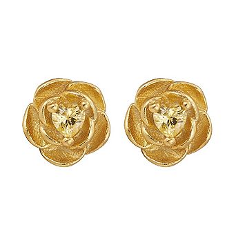 S925 Sterling Silver Rose Flower Stud Earrings for Women, Gold Plated with Heart Zircon,0.22 x 0.21"