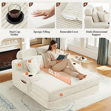CEWOR 66.3" W Corduroy Chaise Lounge Sofa, Deep Seat Oversized Compression Sleeper Sofa Bed