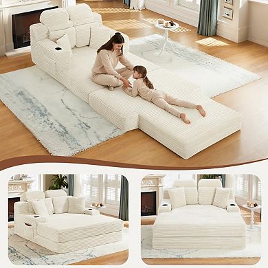 CEWOR 66.3" W Corduroy Chaise Lounge Sofa, Deep Seat Oversized Compression Sleeper Sofa Bed