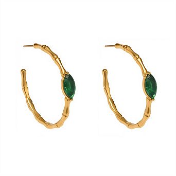 18K Gold Plated Hoop Earrings - Geometric C-Shape Bamboo Green Zircon Earrings, Stainless Steel