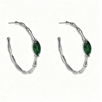18K Gold Plated Hoop Earrings - Geometric C-Shape Bamboo Green Zircon Earrings, Stainless Steel