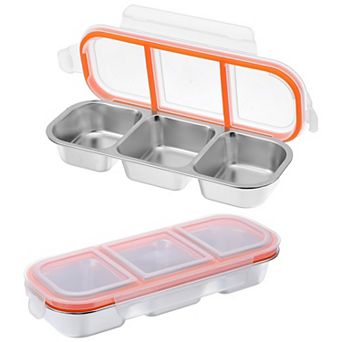 2 Pack Stainless Steel Snack Containers with Lids, 3 Compartment Stainless Steel Snack Box, 600ml