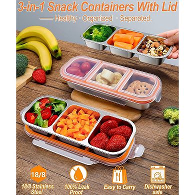 2 Pack Stainless Steel Snack Containers with Lids, 3 Compartment Stainless Steel Snack Box, 600ml