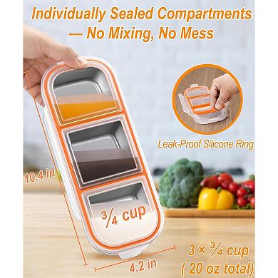 2 Pack Stainless Steel Snack Containers with Lids, 3 Compartment Stainless Steel Snack Box, 600ml