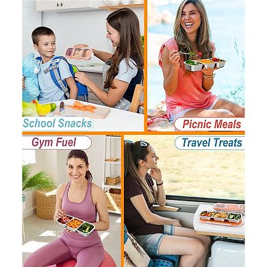 2 Pack Stainless Steel Snack Containers with Lids, 3 Compartment Stainless Steel Snack Box, 600ml