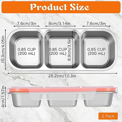 2 Pack Stainless Steel Snack Containers with Lids, 3 Compartment Stainless Steel Snack Box, 600ml