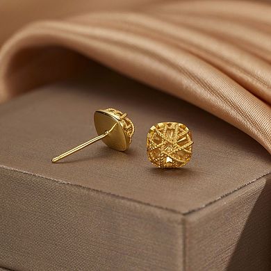 S925 Sterling Silver Gold Plated Sparkling Square Stud Earrings for Women, Sugar Cube Faceted Design
