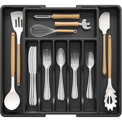Silverware Drawer Organizer, Expandable Utensil Tray for Kitchen, Adjustable Plastic Storage