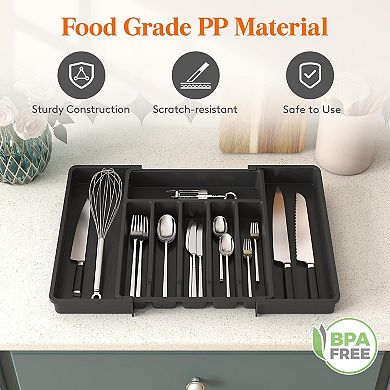 Silverware Drawer Organizer, Expandable Utensil Tray for Kitchen, Adjustable Plastic Storage