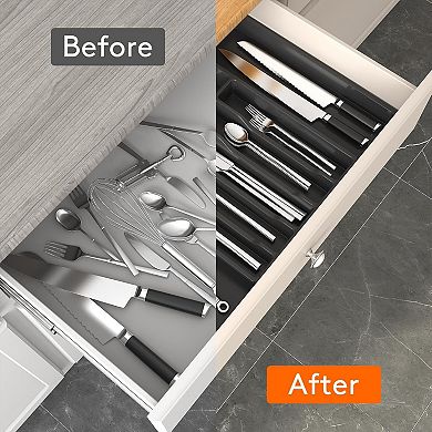 Silverware Drawer Organizer, Expandable Utensil Tray for Kitchen, Adjustable Plastic Storage