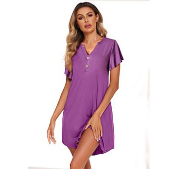 Ekouaer Women Nightgown Short Flare Sleeve Sleepshirt V Neck Sleepwear Soft Nightshirt Pajama Dress