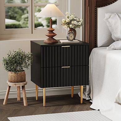 Fluted Nightstand with Charging Station & 2 Drawers, Wood Bedside Table with USB Ports & Outlets