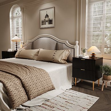Fluted Nightstand with Charging Station & 2 Drawers, Wood Bedside Table with USB Ports & Outlets