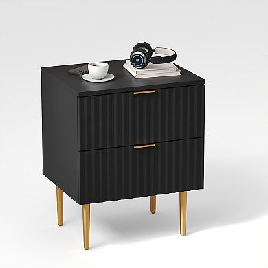 Fluted Nightstand with Charging Station & 2 Drawers, Wood Bedside Table with USB Ports & Outlets