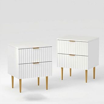 Fluted Nightstand with Charging Station & 2 Drawers, Wood Bedside Table with USB Ports & Outlets
