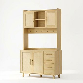71" Tall Kitchen Pantry Cabinet, Freestanding Rattan Boho Hutch with Microwave Shelf