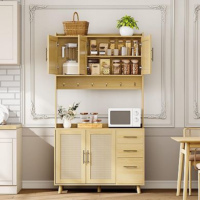 71" Tall Kitchen Pantry Cabinet, Freestanding Rattan Boho Hutch with Microwave Shelf
