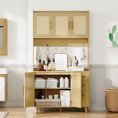 71" Tall Kitchen Pantry Cabinet, Freestanding Rattan Boho Hutch with Microwave Shelf