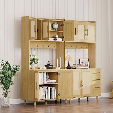 71" Tall Kitchen Pantry Cabinet, Freestanding Rattan Boho Hutch with Microwave Shelf