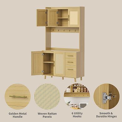 71" Tall Kitchen Pantry Cabinet, Freestanding Rattan Boho Hutch with Microwave Shelf