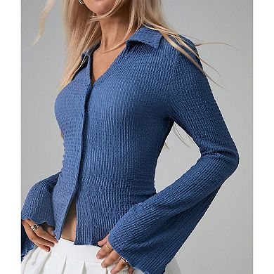 Women's V-Neck Button Front Bell Sleeve Blouse Long Sleeve Flowy Shirt Top