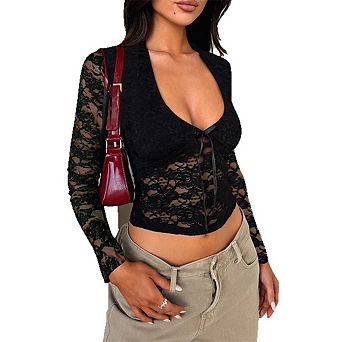 Women's Lace Long Sleeve Shirt Low Cut Slim Fit Top Bow Going Out Crop Tops