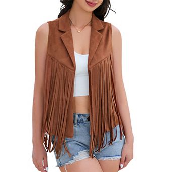 Women’s Sleeveless Fringe Vest Western Style Denim Look Fashion Vest