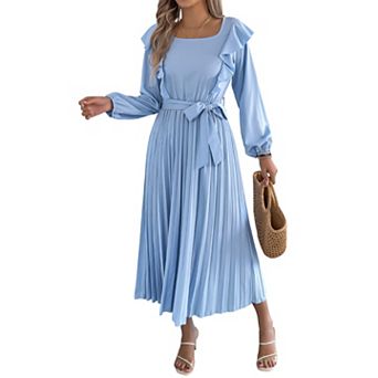 Women's Wrap Square Neck Flowy Maxi Dress Long Sleeve Ruffle Pleated Wedding Guest Cocktail Dress