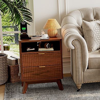 Modern Night Stand with 2 Drawers & Open Shelf, Wooden Bedside Table End Table with Charging Station