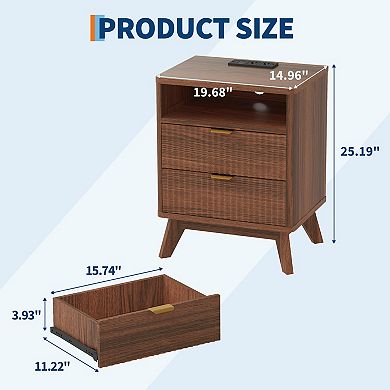 Modern Night Stand with 2 Drawers & Open Shelf, Wooden Bedside Table End Table with Charging Station