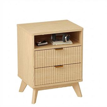 Modern Night Stand with 2 Drawers & Open Shelf, Wooden Bedside Table End Table with Charging Station