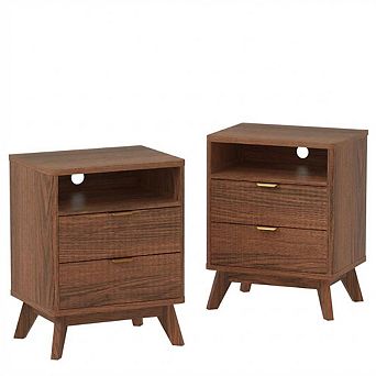 Modern Night Stand with 2 Drawers & Open Shelf, Wooden Bedside Table End Table with Charging Station