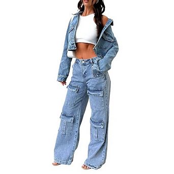 Women's Wide Leg Cargo Jeans Retro Washed Low Waist Flap Pocket Denim Pants Casual Baggy Streetwear