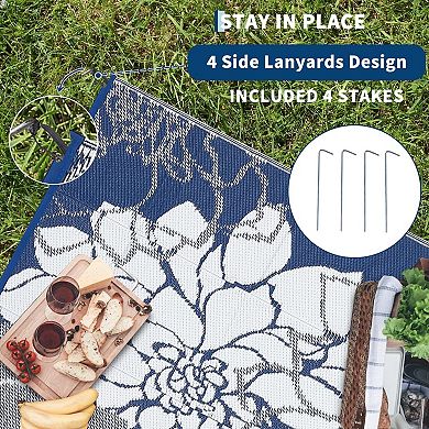 Waterproof Reversible Outdoor Rug with 4 Stakes & Storage Bag, Portable Patio Mat for Camping Deck