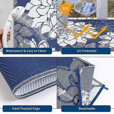 Waterproof Reversible Outdoor Rug with 4 Stakes & Storage Bag, Portable Patio Mat for Camping Deck