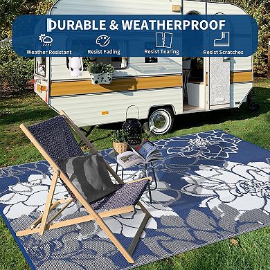 Waterproof Reversible Outdoor Rug with 4 Stakes & Storage Bag, Portable Patio Mat for Camping Deck