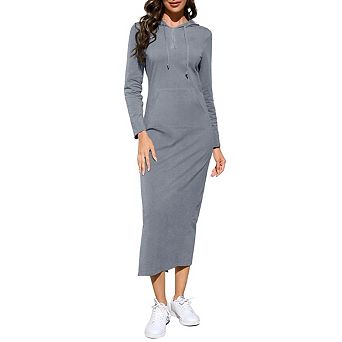 Women's Casual Long Sleeve Side Slit Pullover Hoodie Dresses Solid Color Long Dress with Pockets