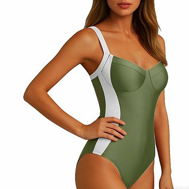 Women's Slimming Contrast Panel Swimsuit, Backless One Piece Bathing Suit with Underwire