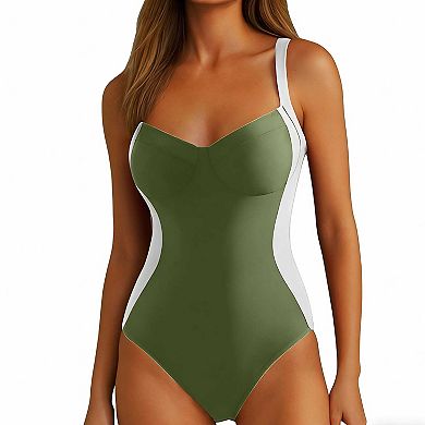 Women's Slimming Contrast Panel Swimsuit, Backless One Piece Bathing Suit with Underwire