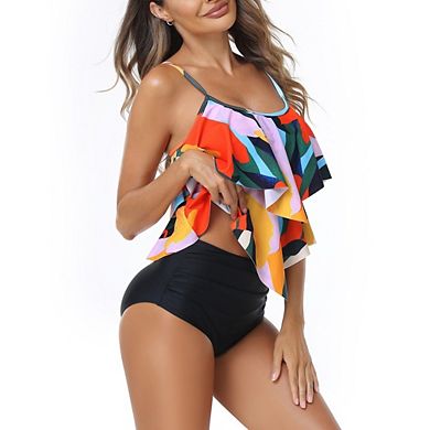 Womens 2 Pieces Tankini Swimsuits Double Layer Ruffle High Waist Bottom Bathing Suit Swimsuit
