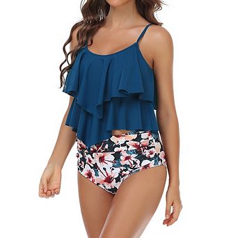 Womens 2 pc Tankini Swimsuits Double Layer Ruffle High Waist Bottom Bathing Suit Swimsuit